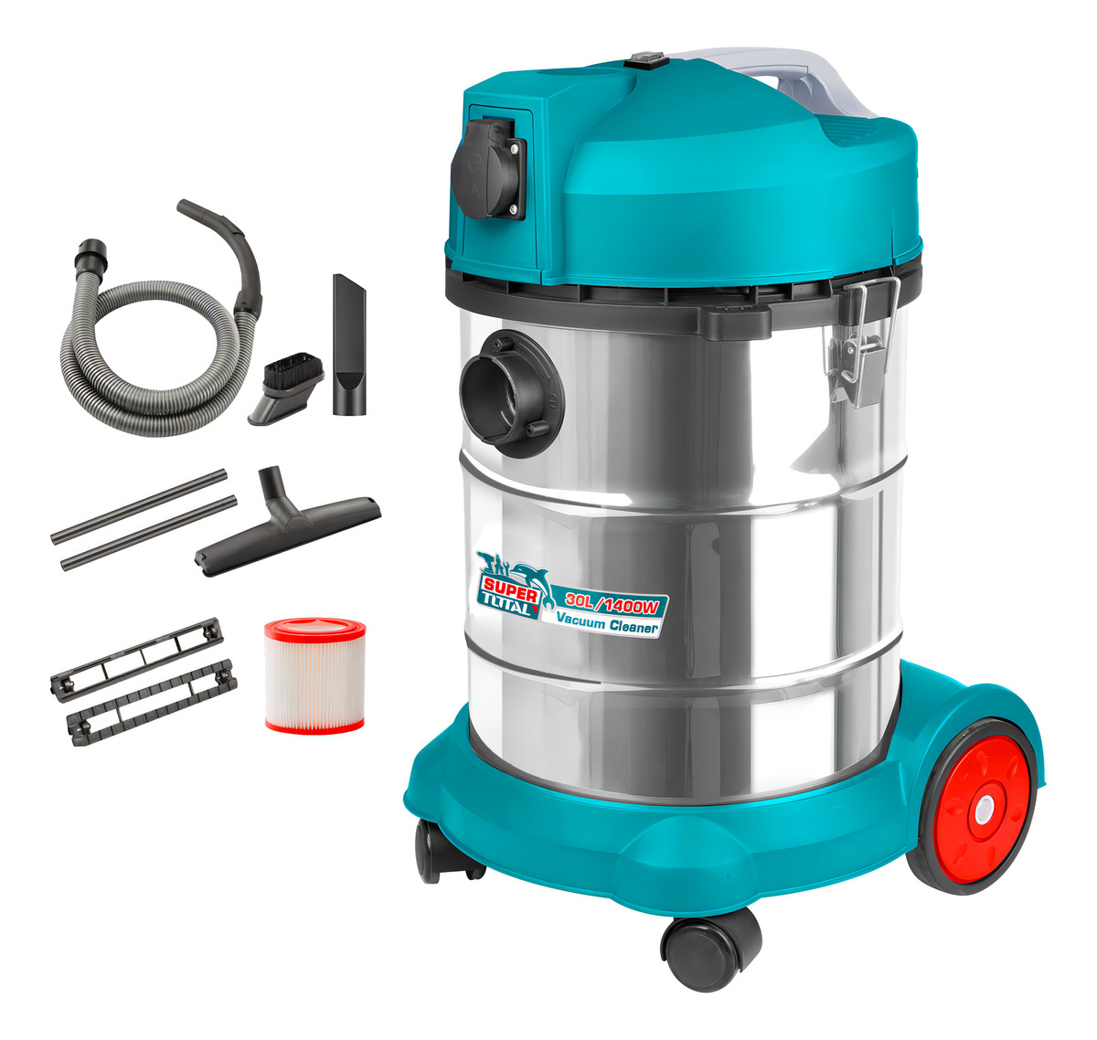 Aspiradora De Tacho Total 1400w Industrial, Seco Húmedo, Polvo Agua - Acero Inoxidable, Capacidad 30 Litros - Incluye Ruedas Y Accesorios - Tvc14301 Turquesa - Imagen 5