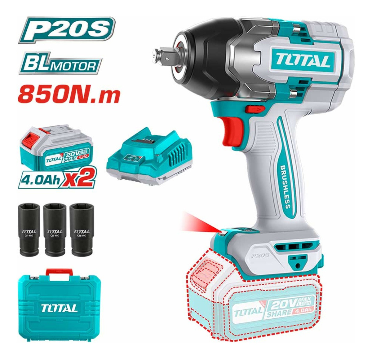 Llave De Impacto Inalámbrica 20v 1/2 850nm Doble BaterĂa - Imagen 2