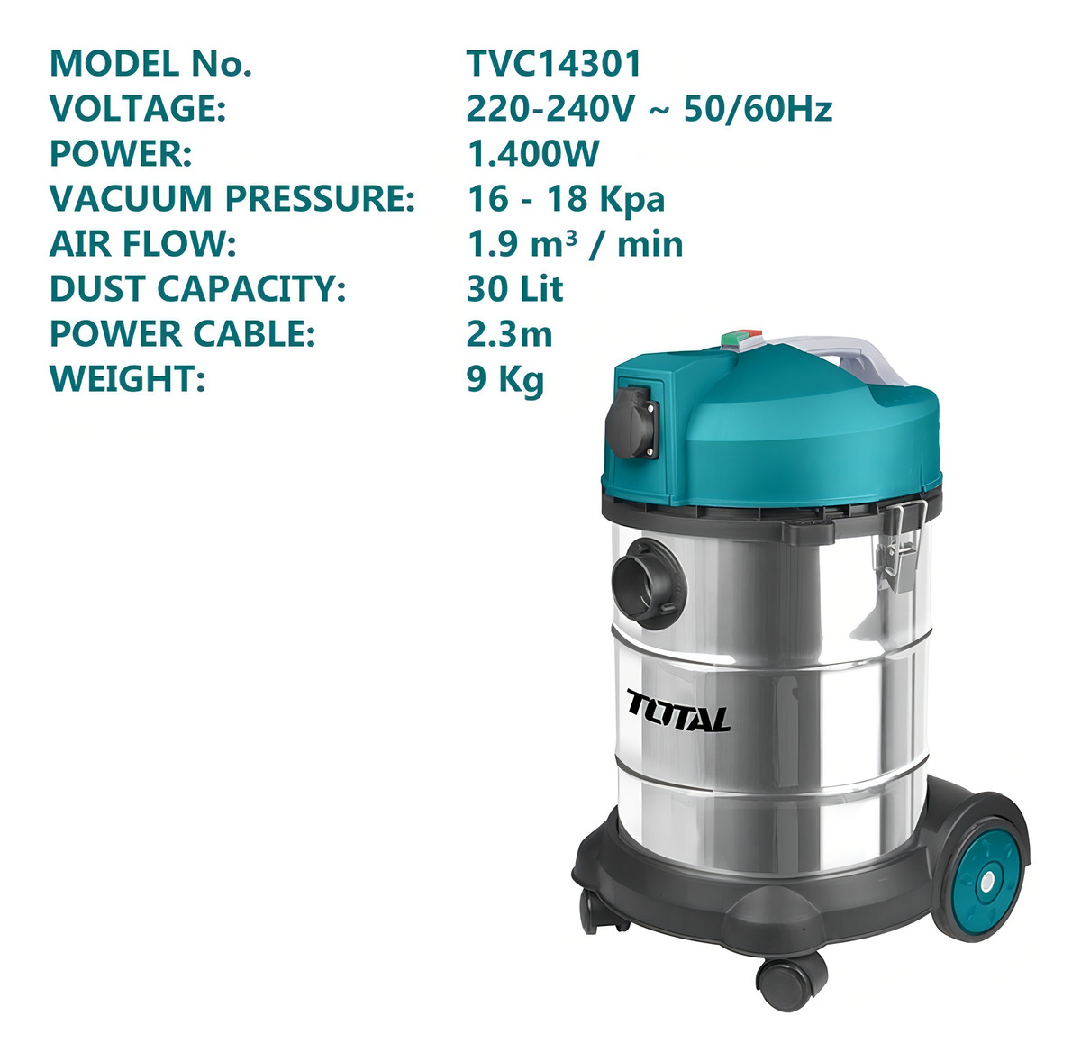 Aspiradora De Tacho Total 1400w Industrial, Seco Húmedo, Polvo Agua - Acero Inoxidable, Capacidad 30 Litros - Incluye Ruedas Y Accesorios - Tvc14301 Turquesa - Imagen 4