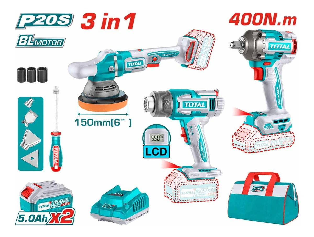Kit Inalámbrico Total 20v: Llave Impacto 1/2'' 400nm + Lustra Pulidora 6 Pulgadas, 150mm + Pistola De Calor 30-550 - Con 2 Baterías 5.0ah Litio-ion, Cargador, Accesorios Y Bolso - Tosli240863 - Imagen 2