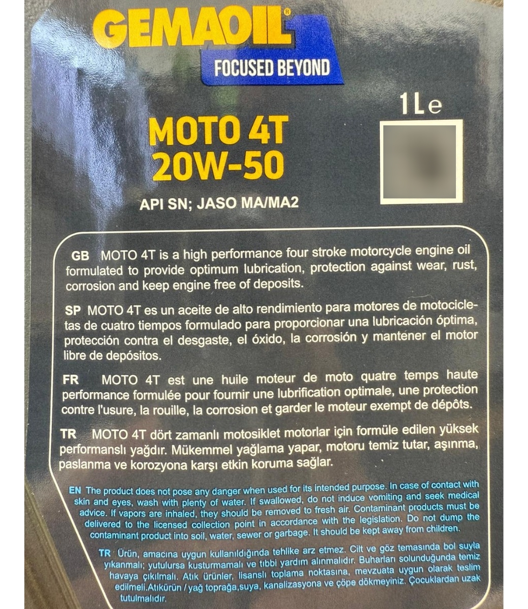 1lt Aceite Lubricante 4t 20w-50 Gemaoil 20w-50 - Imagen 4