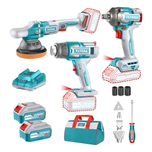 Kit Inalámbrico Total 20v: Llave Impacto 1/2'' 400nm + Lustra Pulidora 6 Pulgadas, 150mm + Pistola De Calor 30-550 - Con 2 Baterías 5.0ah Litio-ion, Cargador, Accesorios Y Bolso - Tosli240863