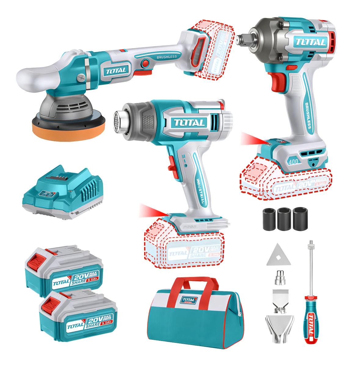 Kit Inalámbrico Total 20v: Llave Impacto 1/2'' 400nm + Lustra Pulidora 6 Pulgadas, 150mm + Pistola De Calor 30-550 - Con 2 Baterías 5.0ah Litio-ion, Cargador, Accesorios Y Bolso - Tosli240863