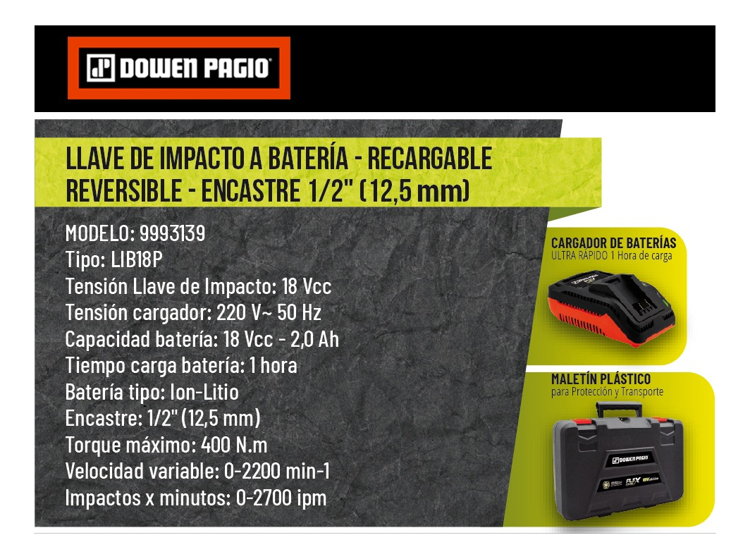 Llave De Impacto Dowen Pagio 18v Con Batería Y Cargador - Imagen 6