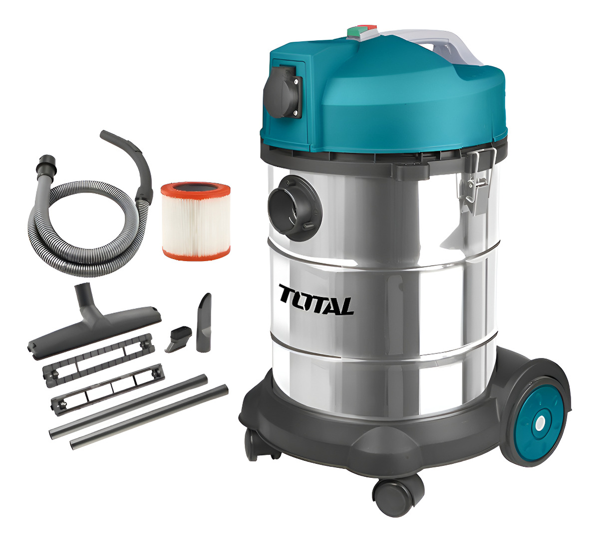 Aspiradora De Tacho Total 1400w Industrial, Seco Húmedo, Polvo Agua - Acero Inoxidable, Capacidad 30 Litros - Incluye Ruedas Y Accesorios - Tvc14301 Turquesa