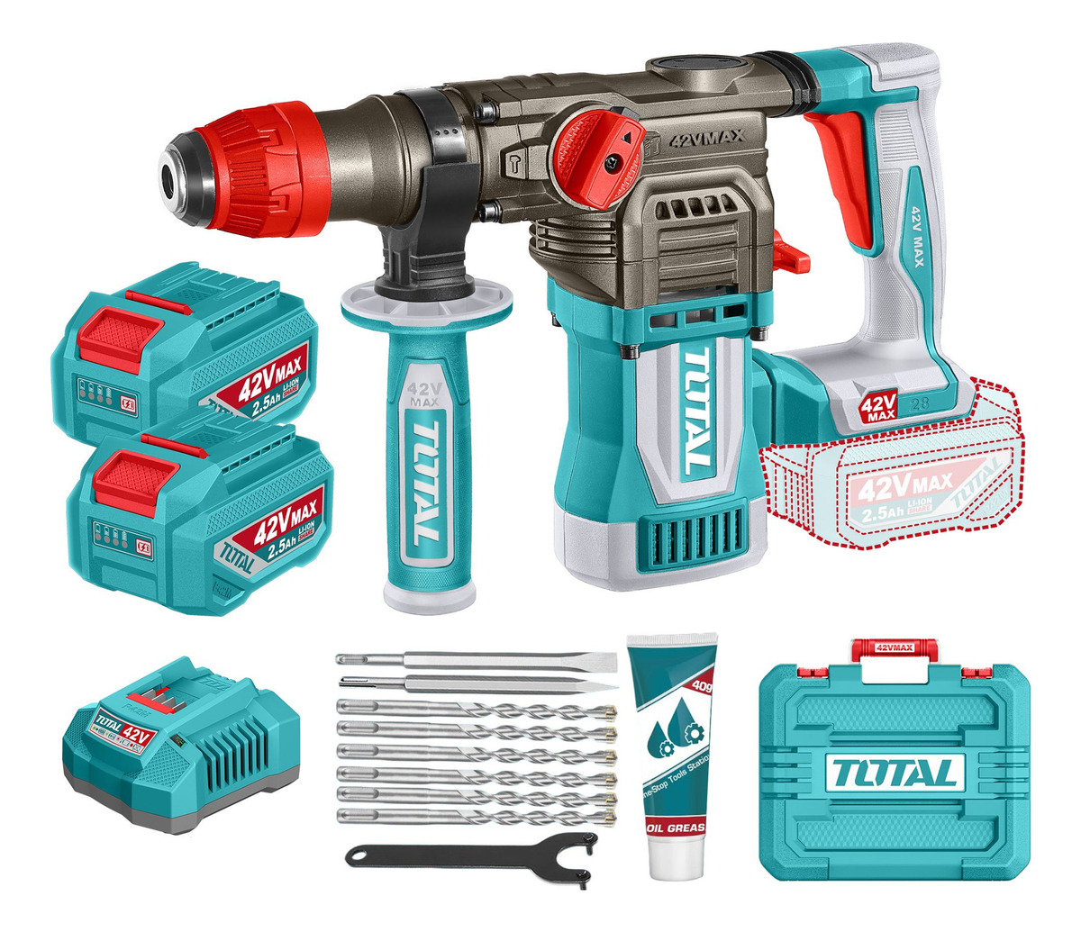 Rotomartillo Inalámbrico Total 42v - Motor Brushless, Sin Carbones - 4.5 J, Encastre Sds Plus - Con 2 Baterías 2.5ah Litio-ion, Cargador, 6 Mechas, 2 Cinceles Y Maletín - Trhli422882