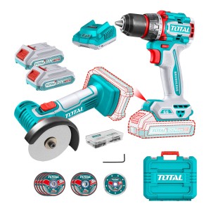 Kit Inalámbrico Total 20v: Taladro Atornillador 66nm Sin Carbones + Mini Amoladora 3 Pulgadas, 76mm - Con 2 Baterías Litio-ion, Cargador, Maletín Y Discos - Tckli20766