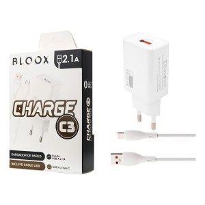 Cargador De Pared 2.1 A Bloox Usb A Tipo C Con Cable Color Blanco