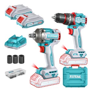 Kit Inalámbrico Total Sin Carbones : Llave Impacto 1/2'' 400nm + Atornillador Con Percutor 66nm - Con 2 Baterías 2.0ah Litio-ion, Cargador, Maletín, Dados Y Punta - Tckli20275