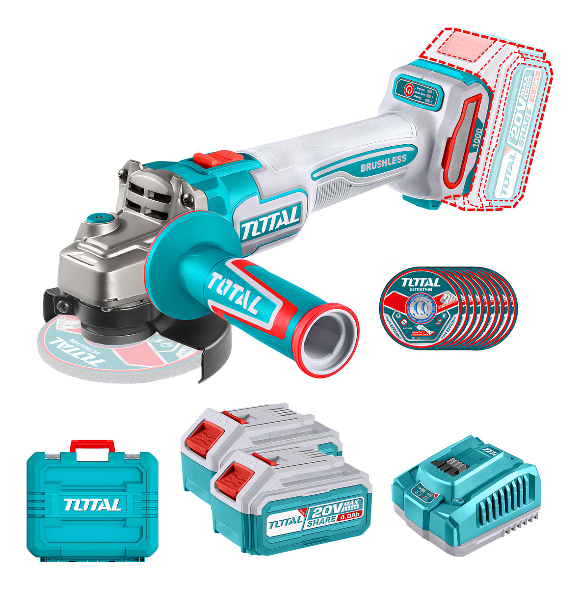 Amoladora Inalámbrica Total 20v Industrial - Motor Sin Carbones 1000w - 4.1/2 Pulgadas, 115mm - Con 2 Baterías 4.0ah Litio-ion, Cargador 4a, 10 Discos Y Maletín - Tagli271532
