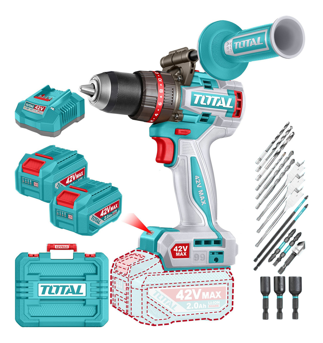 Taladro Percutor Y Atornillador Inalámbrico Total 42v, Industrial, Motor Sin Carbones - Mandril 13mm, 99nm - Con 2 Baterías 2.0ah, Cargador, Maletín, Mango, Mechas Y Puntas - Tidli429982