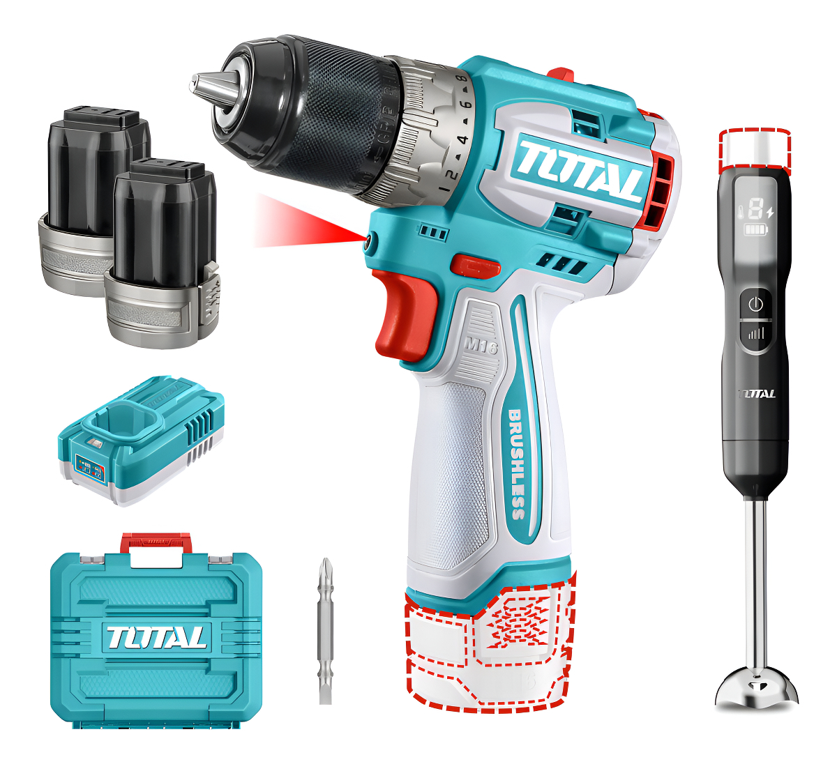 Kit Inalámbrico Total 16v: Taladro Atornillador Motor