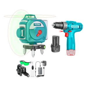 Kit Total Nivel Láser 3d 360° 30m Autonivelante Líneas Verdes + Taladro Inalámbrico Atornillador 12v Con 1 Batería Con Puerto De Carga Usb-c