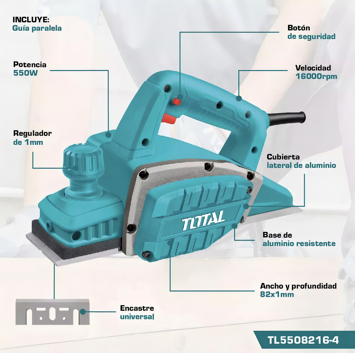 Cepillo Carpintero Electrico 550w Total Tl5508216 Color Azul PetrĂ³leo - Imagen 4