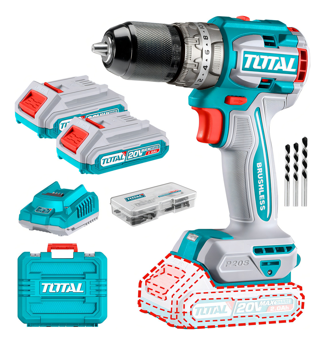 Taladro Percutor Y Atornillador Inalámbrico Total, Industrial, Motor Sin Carbones, Mandril 13mm, 60nm - Con 2 Baterías 2.0ah Litio-ion, Cargador, Y Maletín - Tidli20602 Turquesa 50 60hz