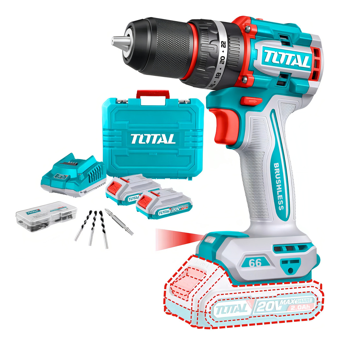 Taladro Percutor Y Atornillador Inalámbrico Total, Industrial, Motor Sin Carbones, Mandril 13mm, 60nm - Con 2 Baterías 2.0ah Litio-ion, Cargador, Y Maletín - Tidli20602 Turquesa 50 60hz - Imagen 2