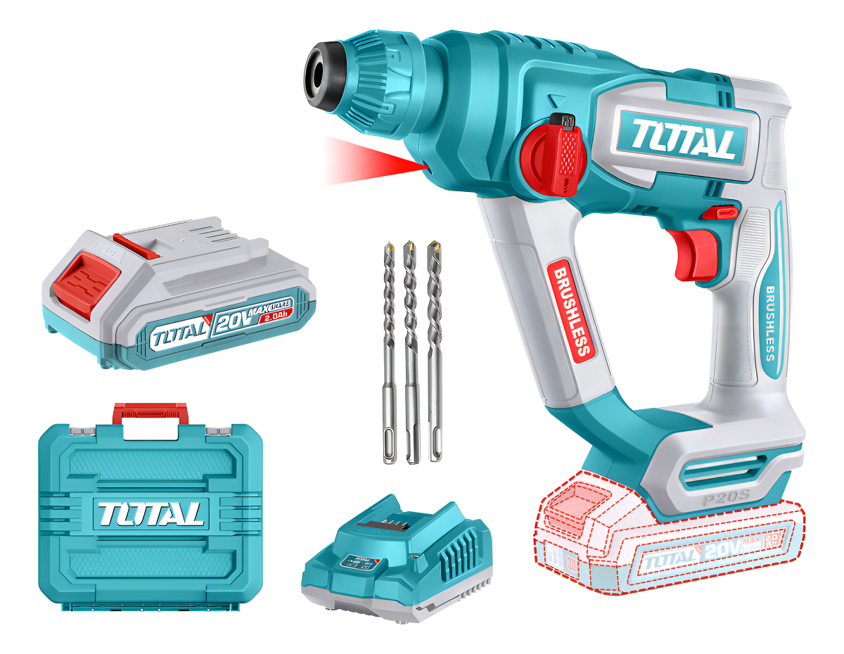 Rotomartillo Inalámbrico Total Motor Brushless, Sin Carbones - 1.8 J, Encastre Sds Plus - Con Batería 2.0ah Litio-ion, Cargador, 3 Mechas Y Maletín - Trhli201881 Turquesa 50 60hz