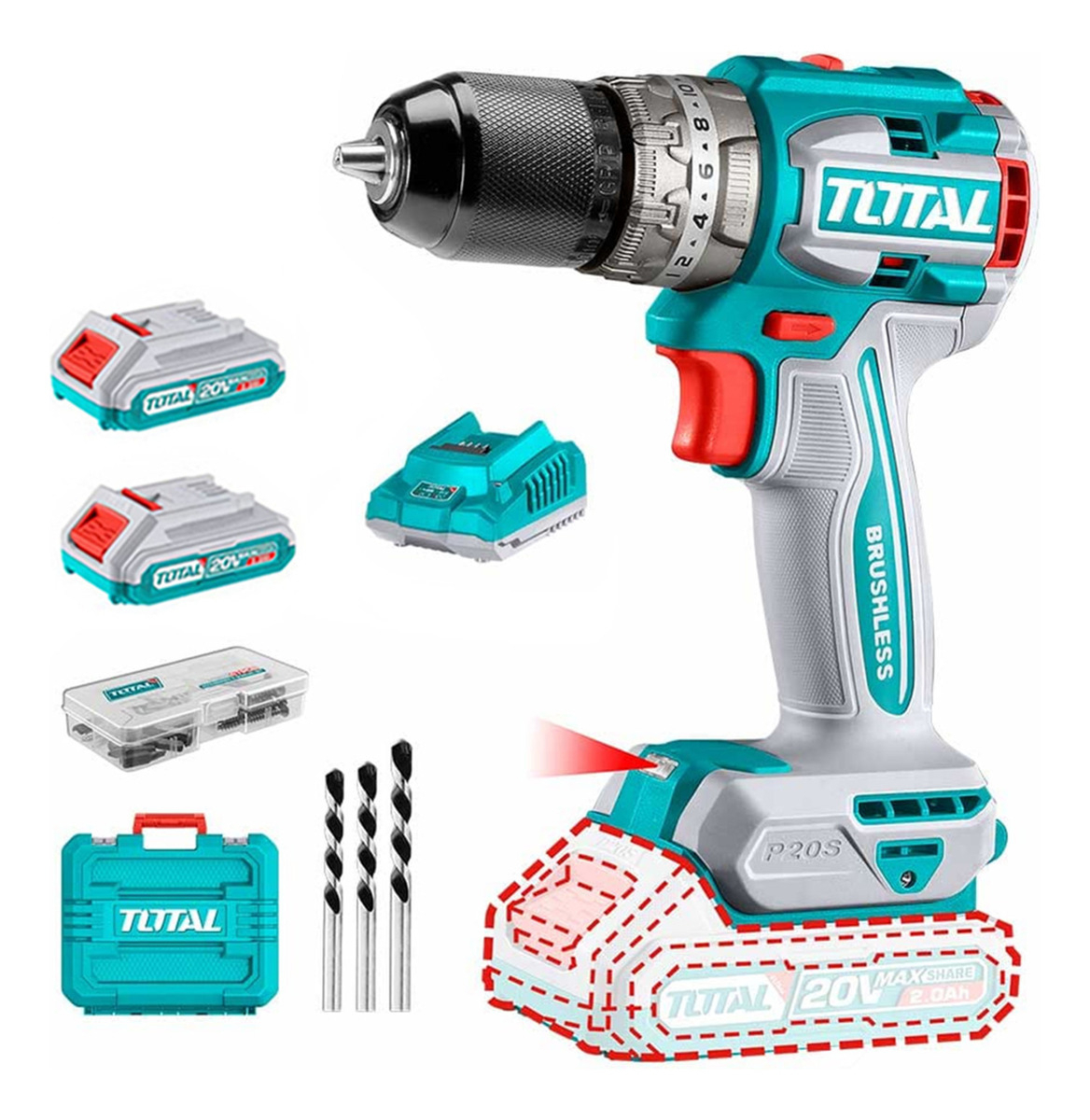 Taladro Percutor Y Atornillador Inalámbrico Total, Industrial, Motor Sin Carbones, Mandril 13mm, 60nm - Con 2 Baterías 2.0ah Litio-ion, Cargador, Y Maletín - Tidli20602 Turquesa 50 60hz - Imagen 3