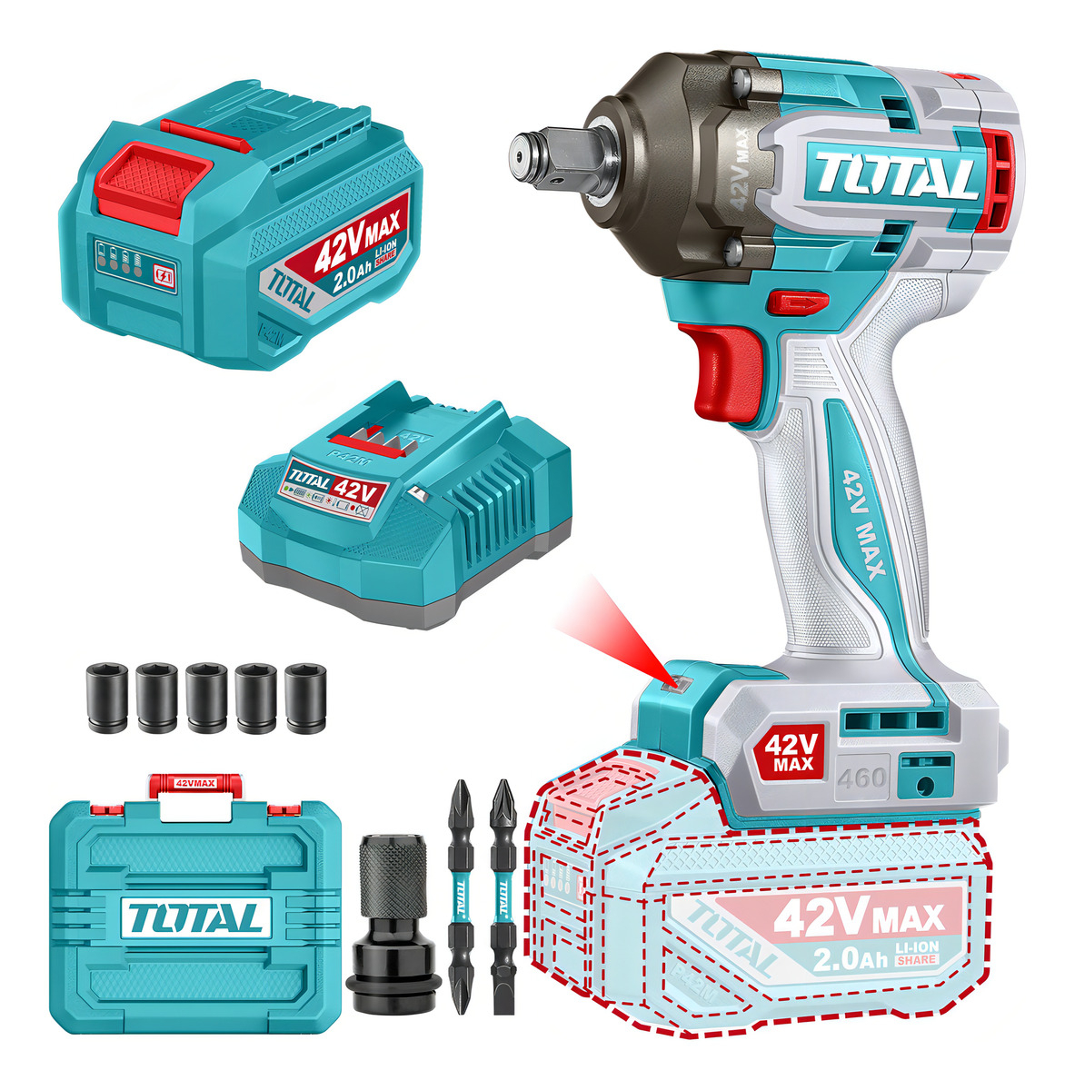 Llave, Pistola De Impacto Inalámbrica Total 42v Industrial - Motor Sin Carbones, Encastre 1/2'', Torque 460nm - Con Batería 2.0ah Litio-ion, Cargador, Dados Y Maletín - Tiwli42461 Turquesa