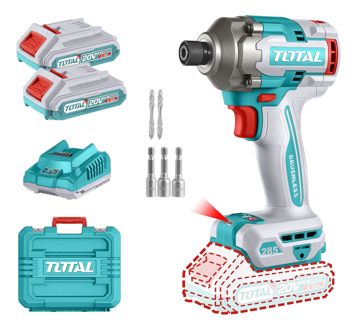 Atornillador De Impacto Inalámbrico Total Industrial, Brushless Sin Carbones, Encastre Hexagonal 1/4'' 285nm - Con 2 Baterías 2.0ah Litio-ion, Cargador, Dados, Puntas Y Maletín - Tirli2028 Turquesa