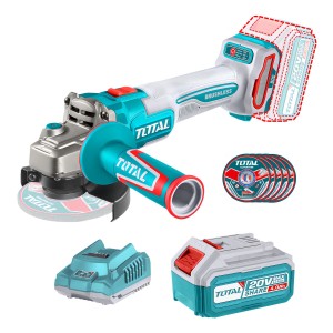 Amoladora Inalámbrica Total 20v Industrial - Motor Sin Carbones 900w - 4.1/2 Pulgadas, 115mm - Con Batería 4.0ah Litio-ion, Cargador Y 5 Discos - Tagli261521 Turquesa