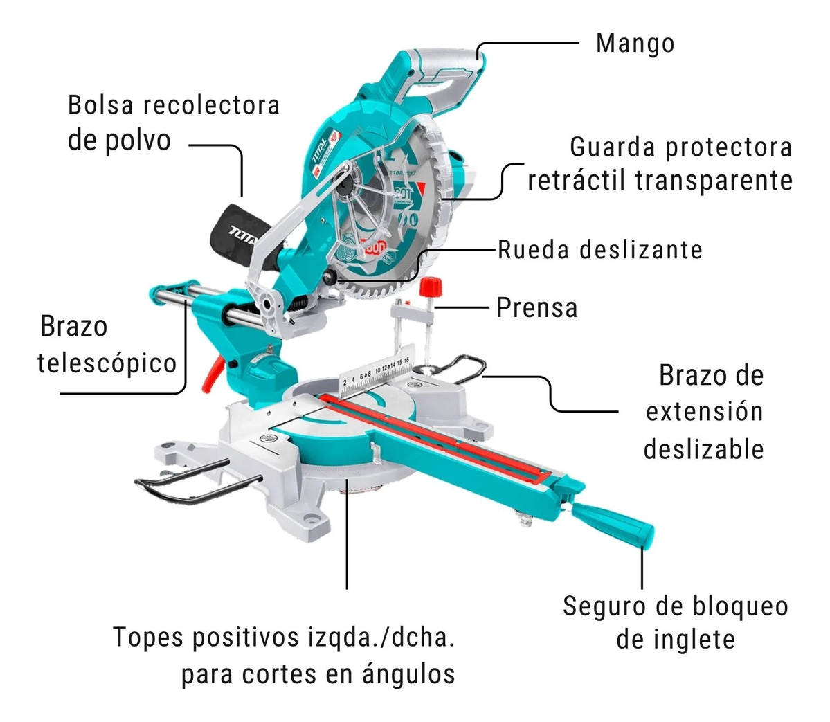 Sierra Ingletadora Deslizable Total 1800w, Industrial - 10 Pulgadas, 254mm - 5.300rpm - Incluye Disco, Bolsa Recolectora, Barra Extensora Y Sargento - Ts421825517 - Imagen 3