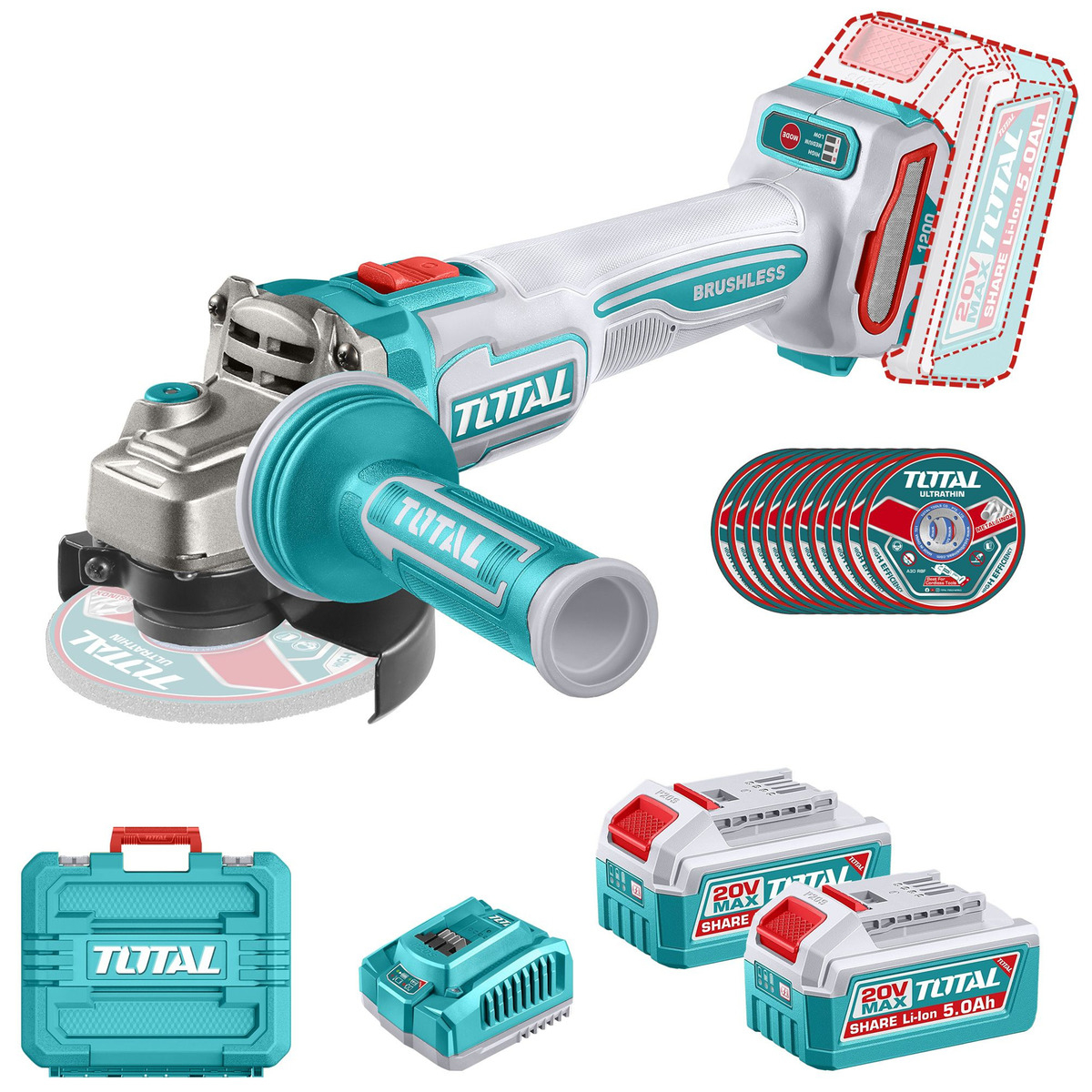 Amoladora Inalámbrica Total 20v Industrial - Sin Carbones 1200w - 4.1/2 Pulgadas, 115mm, Mango Antivibración - Con 2 Baterías 5.0ah Litio-ion, Cargador, Maletín Y Discos - Tagli2120252 Turquesa