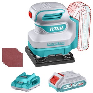 Lijadora Orbital Inalámbrica Total 20v Industrial, Motor Sin Carbones - Base 110x100mm - Con 1 Batería 2.0ah Litio-ion, Cargador Y 5 Lijas - Tshsli20241 Turquesa