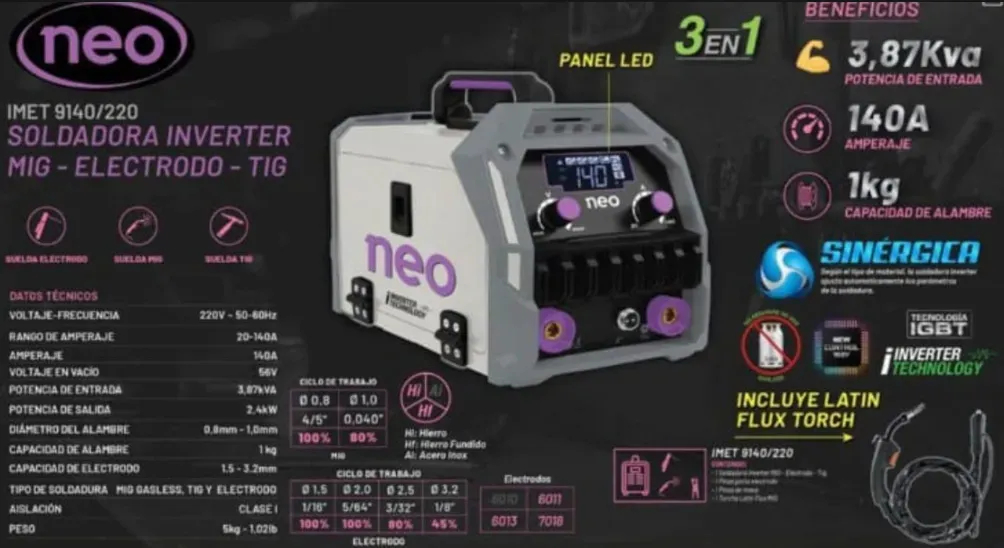 Soldadora Mig Flux Inverter Mma Tig 140a Neo Imet 9140/220 - Imagen 4