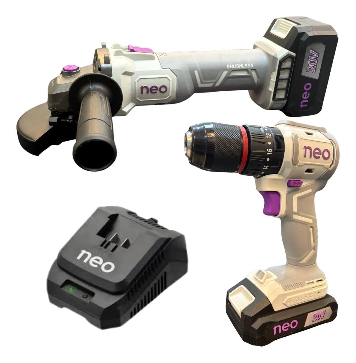 Pack Amoladora Taladro Neo Brushless Bateria Y Cargador