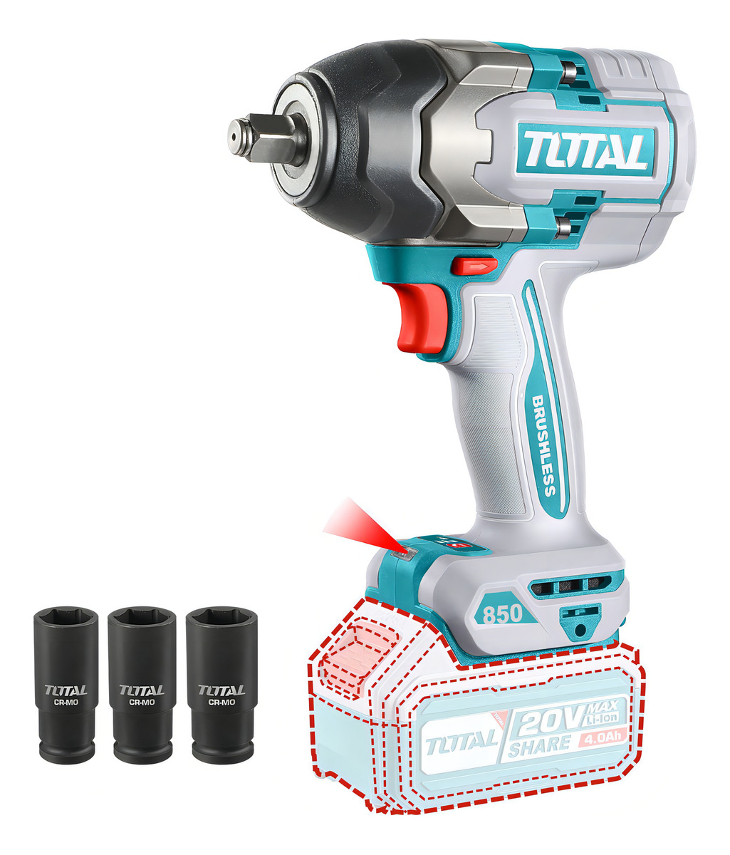 Llave, Pistola De Impacto Inalámbrica Total Industrial - Motor Brushless, Sin Carbones, Encastre 1/2'', Torque 850nm - No Incluye Batería Ni Cargador - Tiwli20851 Turquesa