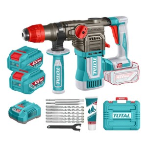 Rotomartillo Inalámbrico Total 42v - Motor Brushless, Sin Carbones - 4.5 J, Encastre Sds Plus - Con 2 Baterías 2.5ah Litio-ion, Cargador, 6 Mechas, 2 Cinceles Y Maletín - Trhli422882 Turquesa