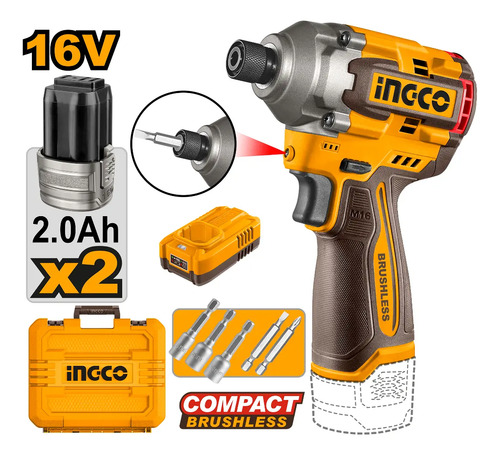 Atornillador De Impacto 16v C/2 Bateria Y Accesorios Ingco - Imagen 2