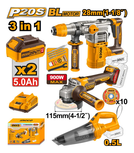 Kit Rotomartillo + Amoladora + Aspiradora Ingco Cosli240785 - Imagen 2