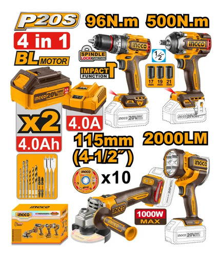 Kit Ingco 4 Herramientas Inalambricas P20s 20v Con Baterias - Imagen 4