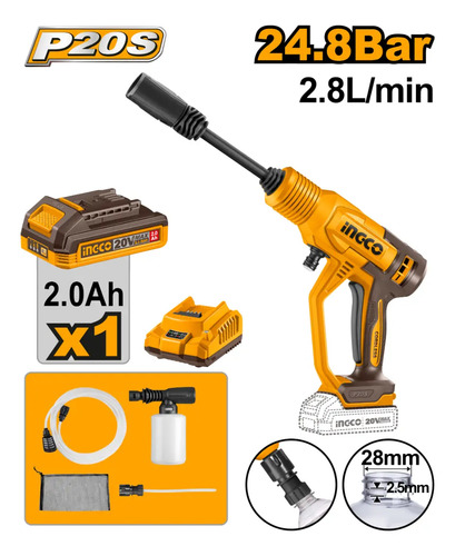 Hidrolavadora 24.8bar Batería Cargador Accesorios Ingco Amarillo 50 Hz / 60 Hz - Imagen 3