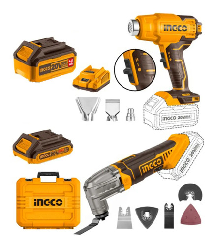 Kit 20v Pistola Calor Multifun Ingco C/bat Y Car En Maetin Color Amarillo