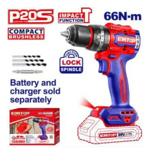 Taladro C/percutor 20v S/bat Ecidl206681 Emtop Rojo 50/60 - Imagen 2