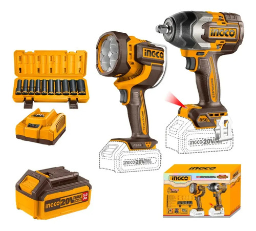 Kit Llave Impacto + Linterna + 10 Dados Ingco Cosli241181