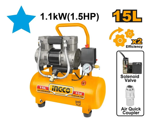 Compresor 15lt 1.5hp Libre De Aceite Bajo Ruido Ingco Acs11 Naranja Oscuro 50 Hz /60 Hz Monofásica - Imagen 2