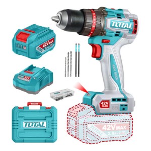 Taladro Percutor Y Atornillador Inalámbrico Total 42v, Industrial, Motor Sin Carbones - Mandril 13mm, 69nm - Con Batería 2.0ah Litio-ion, Cargador, Maletín, Mechas Y Puntas - Tidli426981 Turquesa