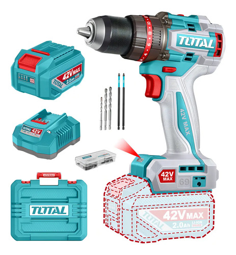 Taladro Percutor Y Atornillador Inalámbrico Total 42v, Industrial, Motor Sin Carbones - Mandril 13mm, 69nm - Con Batería 2.0ah Litio-ion, Cargador, Maletín, Mechas Y Puntas - Tidli426981 Turquesa