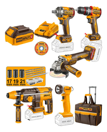 Kit 5 Herramientas A Batería 20v + Accesorios Ingco Ckli2059
