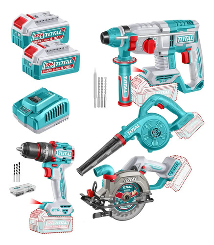 Kit Inalámbrico Total 20v: Atornillador Percutor + Rotomartillo + Sierra Circular + Soplador - Con 2 Baterías 4.0ah + Cargador Rápido 4A - TOSLI250695