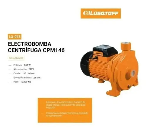 Bomba De Agua Centrífuga 3/4hp Electrobomba Lusqtoff Color Naranja Fase Eléctrica Monofásica Frecuencia 50 50 Hz - Imagen 6
