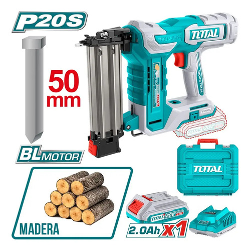 Clavadora Inalámbrica Total Para Madera, Motor Sin Carbones - Con 1 Batería 2.0ah Litio-ion, Cargador, 1000 Clavos De 50mm Y Maletín - TCBNLI5008 - Imagen 2