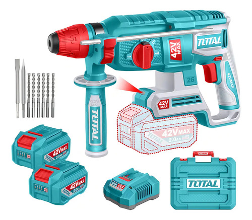 Rotomartillo Inalámbrico Total 42v - Motor Brushless, Sin Carbones - 2.5 J, Encastre Sds Plus - Con 2 Baterías 2.0ah Litio-ion, Cargador, 6 Mechas Y Maletín - Trhli422682 Turquesa