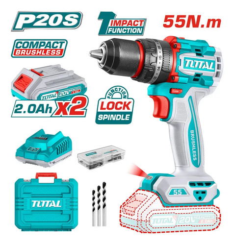 Taladro Percutor Y Atornillador Inalámbrico Total , Industrial, Motor Sin Carbones - Mandril 13mm, 55nm - Con 2 BaterĂas... 50 60hz Turquesa - Imagen 3