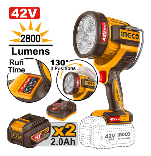 Linterna 42v 50w 2 Bateria 2ah Cargador Ingco Cwli42896 Blanco Amarillo - Imagen 2