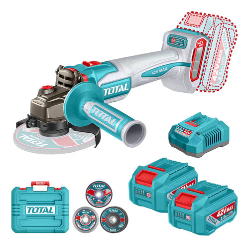 Amoladora Inalámbrica Total 42v Industrial - Motor Sin Carbones 1280w - 4.1/2 Pulgadas, 115mm - Con 2 Baterías 2.5ah Litio-ion, Cargador, Discos Y Maletín - Tagli4128112 Turquesa